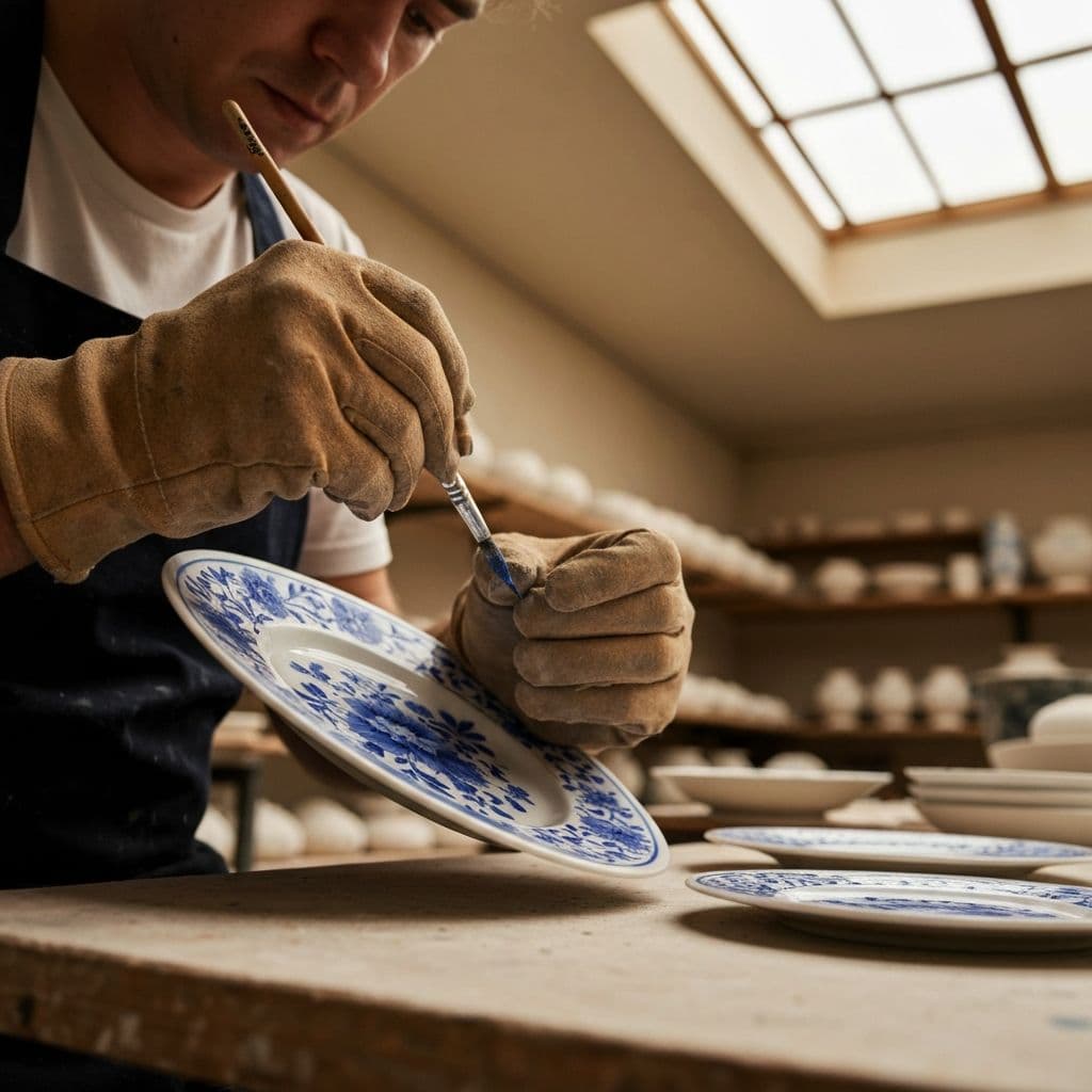 Artisan hand-painting a 222 Fifth porcelain plate in the workshop